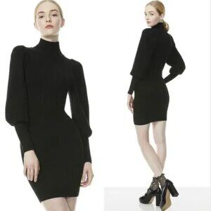 Alice + Olivia Caleb Merino Wool Puff Sleeve Mock Neck Sweaterdress Black SMALL